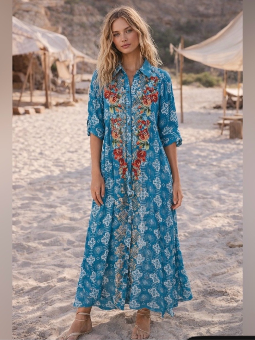 Savanna Jane Teal Maxi Dress with Red Floral Embroidery
